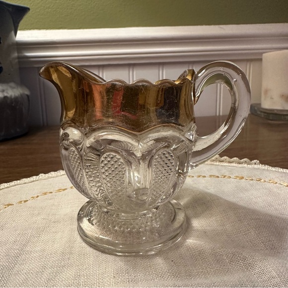 Antique 1900s US Glass EAPG Texas Loops with Stippled Panels Gold Rim Creamer - Picture 1 of 9
